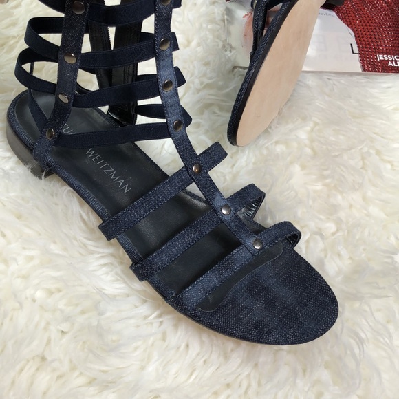 Stuart Weitzman Denim Gladiator Sandals Flat Cage   Zip Made in Spain - Picture 4 of 8